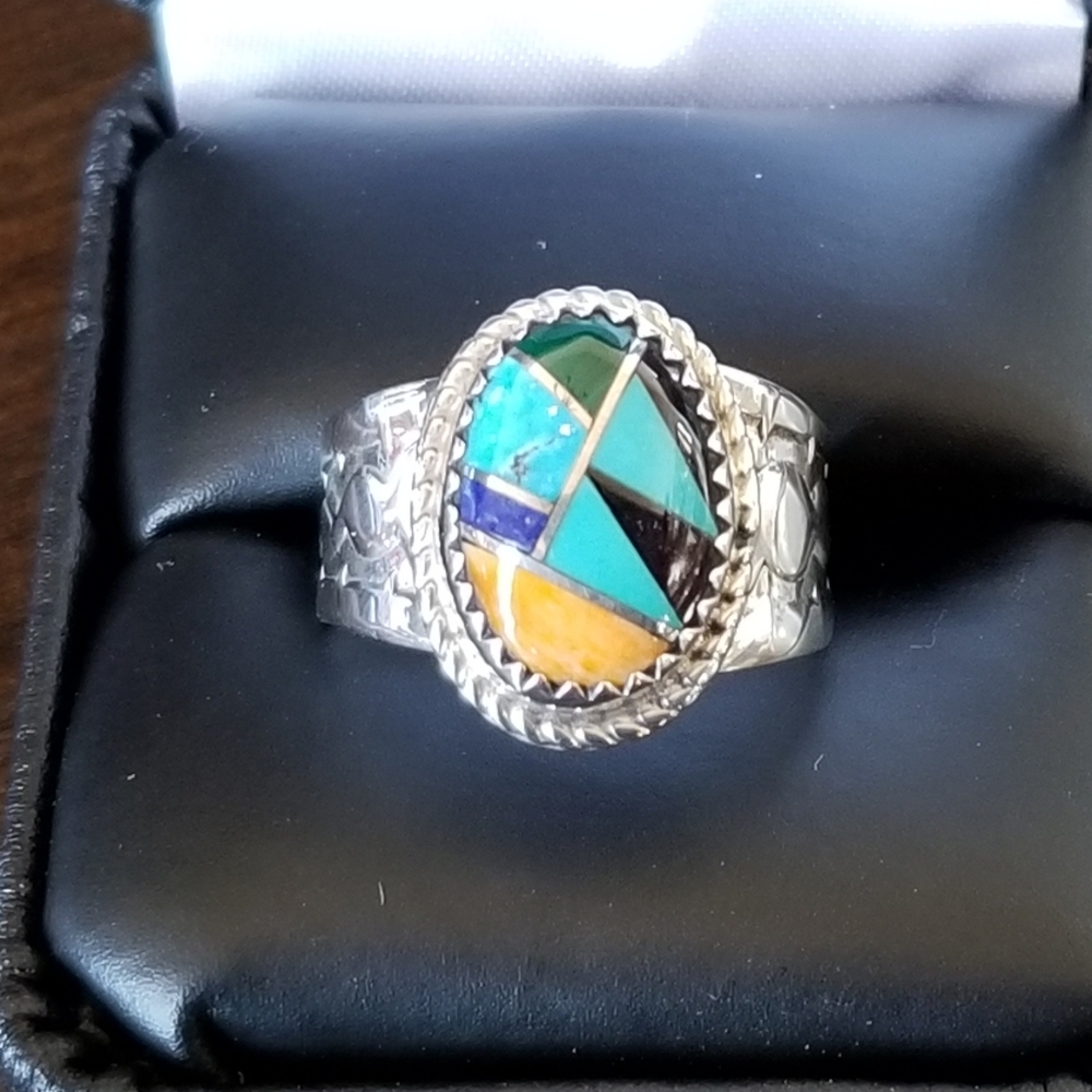 Custom turquoise and blue lapis silver ring size 8